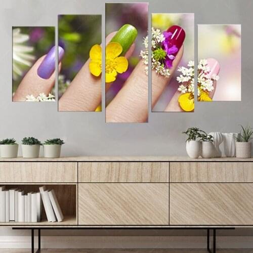 5 Panel Wall Art Canvas Beauty Salon Manicure Painting Nail Art Poster Modern Hd Print Picture Manicure Store Wall Decor frame