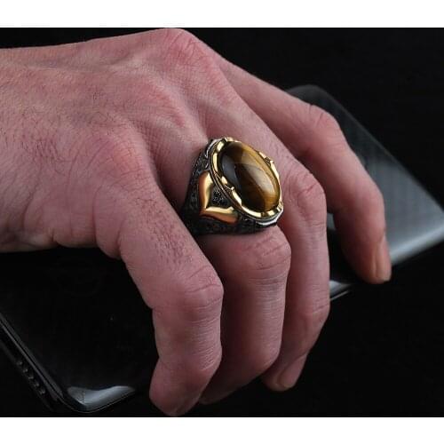 925 Sterling Silver Ring for Men Handmade Natural Stone Vintage Gift Mens Rings All Size Turkish Fashion Jewelry Accessory