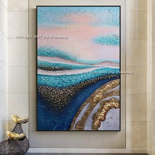 Abstract Blue Handmade Landscape Oil Paintings on Canvas Ocean Scenery Posters Gold Foil Wall Art Pictures Living Room Decor