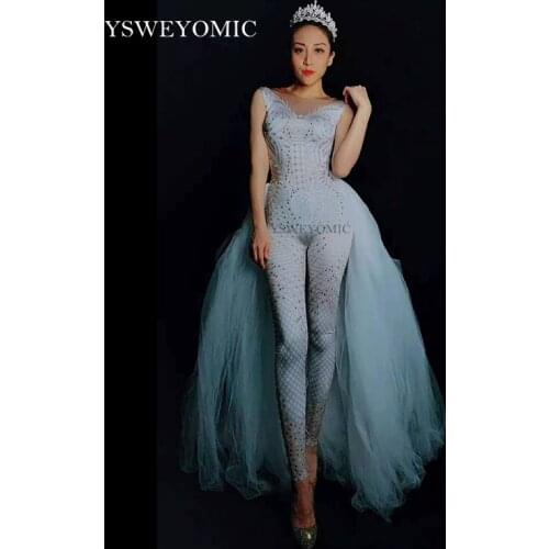 White Rhinestones Printed Big Stretch Jumpsuit Sexy Leggings Costume Bodysuit Nightclub Party Wear Outfit with Mesh