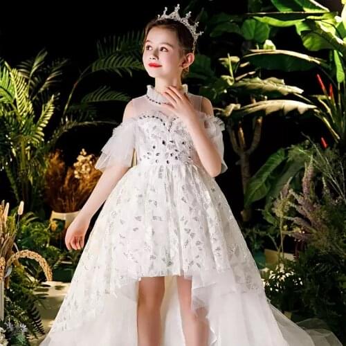 Flower Girl Dresses Illusion Crystal Sequined High Short Princess Knee-Length Tulle Lace Off The Shoulder Kids Party Gown H444