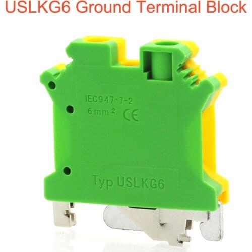 2Pcs USLKG6 Ground Terminal Blocks DIN Rail Screw Morsettiera UK-6N Yellow Green Earthing Bornier Connector 10AWG 6mm²