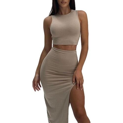 Women Sexy Two-piece Clothes Set, Solid Color Round Collar Vest and High Waist Split Long Slit Skirt