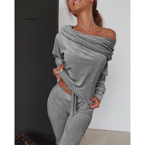 Sweatshirt Women 2 Pieces Set Tracksuit Autumn One Shoulder Suit Pants Sportswear Suede Thick Lounge Suit
