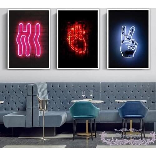 Colorful Canvas Painting Bar Decoration Neon Victory Gesture Heart Hi Picture Wall Art Unframed Posters and Prints Home Decor