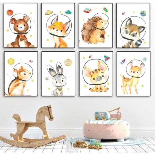 Space astronaut Bear fox rabbit deer Raccoon hedgehog Wall Art Canvas Print Painting Nordic Poster Wall Pictures Baby Room Decor