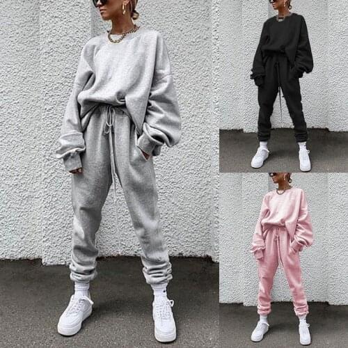 Solid Tracksuit Women Two Piece Set Autumn Clothes Oversize Sweatshirt Top and Stacked Pants Jogging Suit Female Leisure Outfits