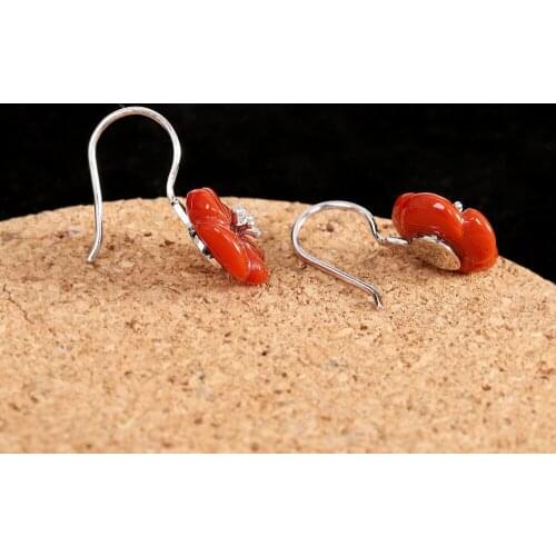 Real s925 silver carved peach blossom southern red agate earrings fashion retro womens earrings