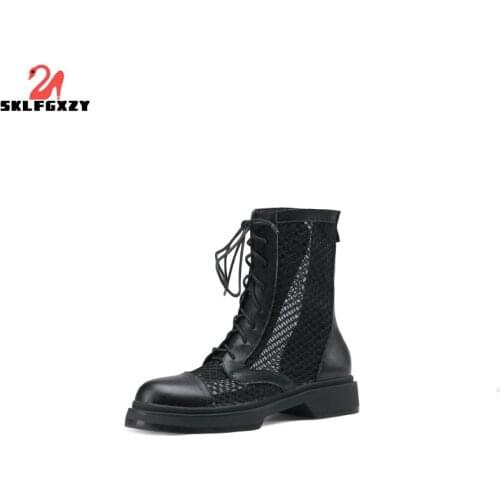 SKLFGXZY Summer European Genuine Leather Womens Boots Ankle Boots Grid Sexy 100% Cowhide Locomotive Female Boots Shoes