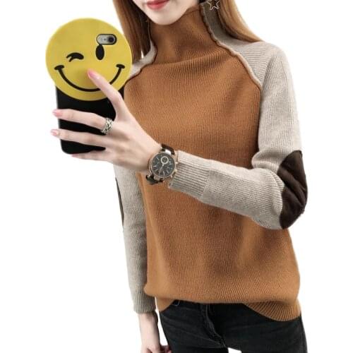 Womens Sweater Winter Warm Turtleneck Long Sleeve Hit Color Patchwork Knitted Pullover Sweaters Pull Femme Hiver Women Jumpers