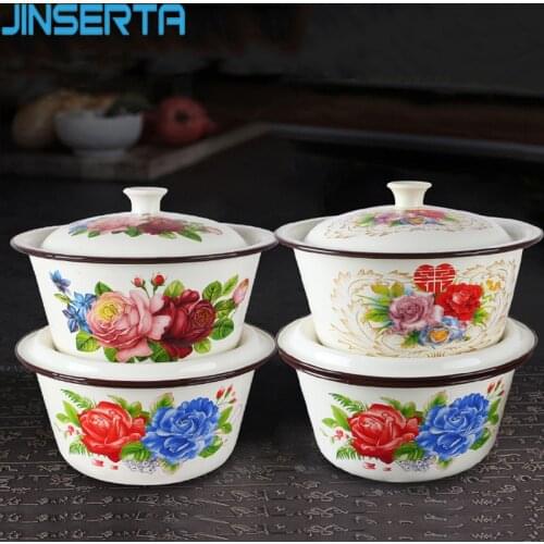 JINSERTA Vintage Enamel Bowl Large Capacity Retro Crimping Printing Flower Pots Kitchen Refrigerator Food Container with Cover