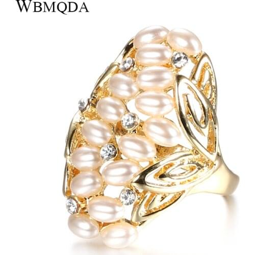 Wbmqda Fashion Pearl Big Ring Gold Color Hollow Crystal Flower Bridal Wedding Rings Luxury Vintage Jewelry Party Gift
