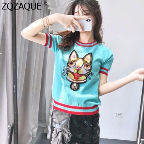 Summer New Arrival Knit Shirts For Women High Quality Embroidery Beading Dog Head Pattern Loose Tees All-match Chic Tops SY1688