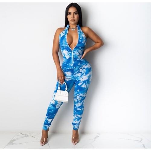 Printed Sexy Skinny Overall For Women Stand Collar Zipper Front Bodycon Rompers Party Club Sleeveless One Piece Jumpsuit