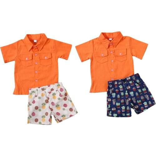 1-6Y Summer Infant Kids Boys Clothes Sets Solid Short Sleeve T Shirts Tops+Print Shorts 2pcs
