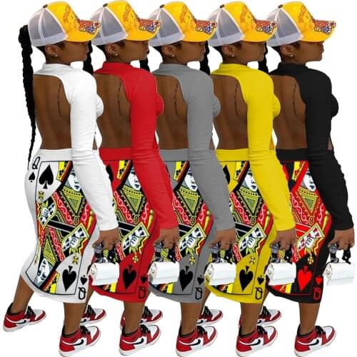 Adogirl Women Poker Spade Q Print Long Maxi Dress Open Back Long Sleeve Bodycon Midi Dress Sexy Nightclub Party Dress Vestido