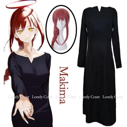 Anime Chainsaw Man Makima Cosplay Costume Wig Black Dress Long Sleeve Halloween Party Role Play Uniform Girls Women