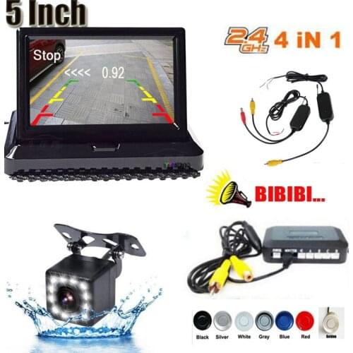 2.4Ghz 4 In 1 Car Wireless Parking Monitor Video System 5 Inch Car Foldable Monitor with Parking sensor and camera Wireless Kit