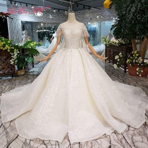 AnXin SH Luxury princess white flower lace beading crystal o neck short sleeve lace up illusion wedding dress 100% real photo