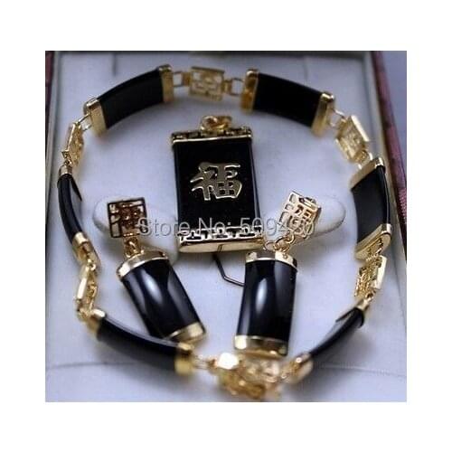 Free Shipping Wholesale black jade stone bracelet earring pendant/necklace Set