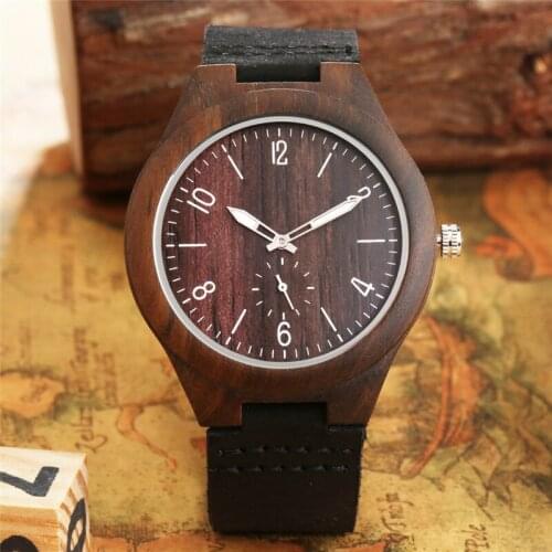 Handmade Sandalwood Watch Bamboo Nature Wood Case Mens Quartz Analog Watches with Leather Strap Clock Luminous Hands Reloj Gift