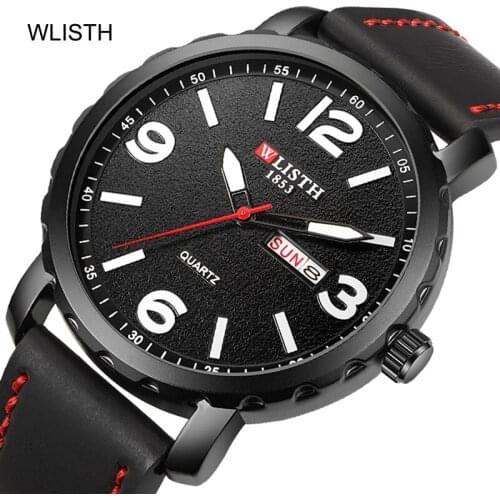 WLISTH Military Mens Watches Top Luxury Brand Leather Quartz Watch Analog Luminous Calendar Week Waterproof Sport Army Clock Man