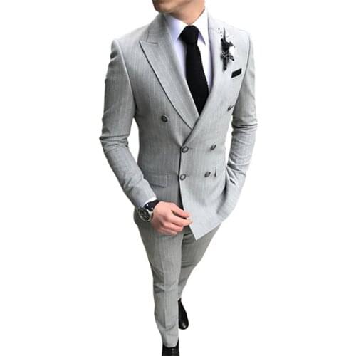 Double Breasted Slim Fit Gray Stripe Men Suit Formal 2 Piece Business Tailor Made Men Suit Groom Wedding Tuxedo