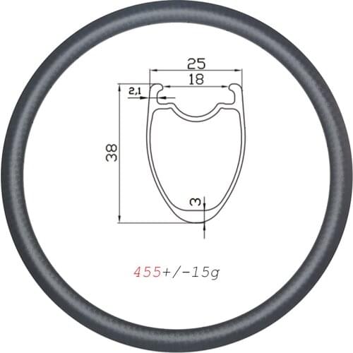 455g 38mm Deep Hook Clincher Tubeless Carbon Rims 700C Disc 25mm Wide UD 3K 12K Matte Glossy 16-32H U Shape Road Gravel Wheels
