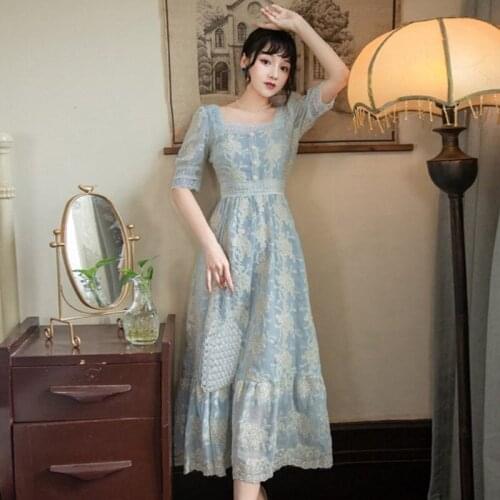 Summer Sweet Soft Girl A Line Dress Lace Embroidery Button Decor Party Dresses Casual Street Boho Vestidos Midi Femme Dress