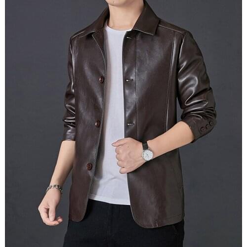 Men 2020 Spring New Middle-aged Causal PU Leather Jacket Coat Men Autumn Fashion Pockets Windproof PU Leather Jacket Men M-7XL