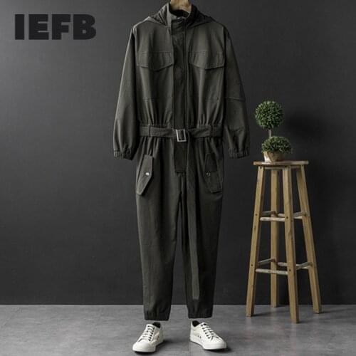 IEFB Men And Women Wear Hip Hop Hooded Jacket Jumpsuit Long Sleeve Single Breasted Ttrousers With Belt Spring Autumn Cloth Y8185