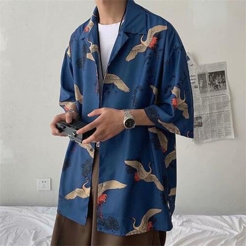 2021 Men Japanese Kimono Samurai Vintage Yukata Gown Print Cardigan Harajuku Haori Three Quarter Sleeve Crane Streetwear Fashion