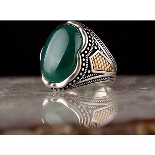 Solid 925 Sterling Silver Turkish Handmade Oval Green Agate Mens Ring