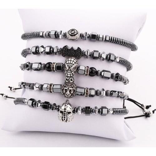 Men Jewelry Bracelet Vintage CZ Pave Bat/Spider/lion/eye/helment Charm Hematite Stone Friendship Bracelet For Men