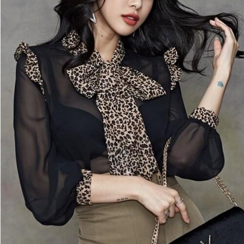 Korean-style Office Lady Retro Lace-up Shirt Leopard Bow Transparent Summer Blouse Ladies Long Sleeve Tops Chemise Blusa