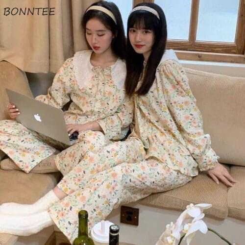Pajama Sets Women Floral Sweet Friends Homewear Autumn Long Sleeve Peter Pan Color All-match Harajuku Aesthetic College Clothes