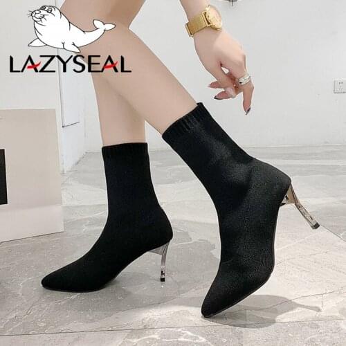 LazySeal 7cm Metal High Heels Sock Boots Women Shoes Stretch Fabric Pointed Toe Stiletto-heel Shoes Woman Ladies Winter Boots