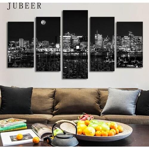 Cuadros Decoration Modern Poster 5 Pieces Black And White City Night View Canvas Painting Wall Art Pictures For Living Room