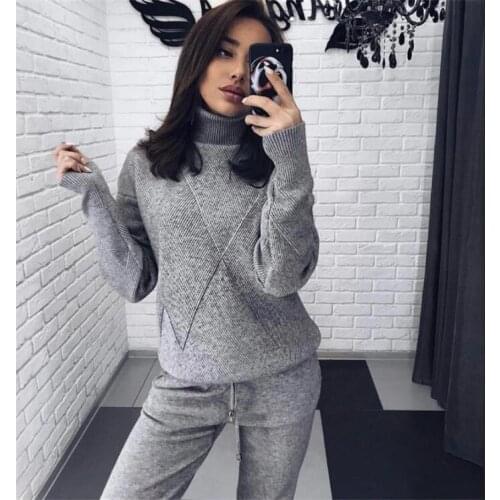 Sweatshirts Knitted Two Piece Set Solid Color High Collar Casual Tracksuit Sweater Women+loose Drawstring Stretchy Knit Pants