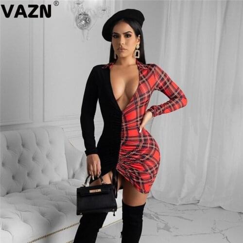VAZN Top Quality 2021 Plaid Deep V-neck Party Cocktail Short Dress Women Elegant Fashion Slim Dress Club Birthday Shinny Dress
