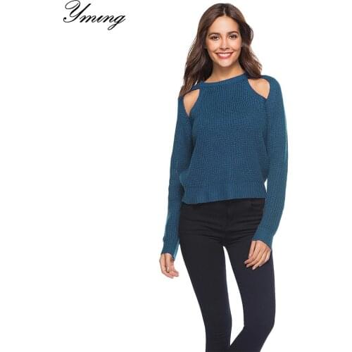 YMING Autumn Woman Long Sleeve Sweater Black Knitting Pullover Off Shoulder Hollow Casual Women Sexy Tops Solid Female Blouse