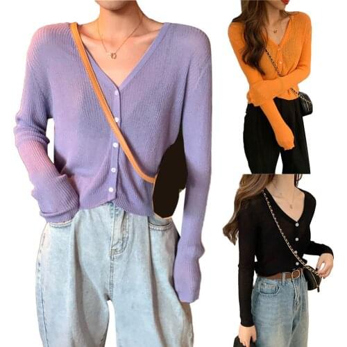 Women Solid Color Long Sleeve Button Down V Neck Ribbed Thin Blouse Cardigan Shirt Fashion Clothes