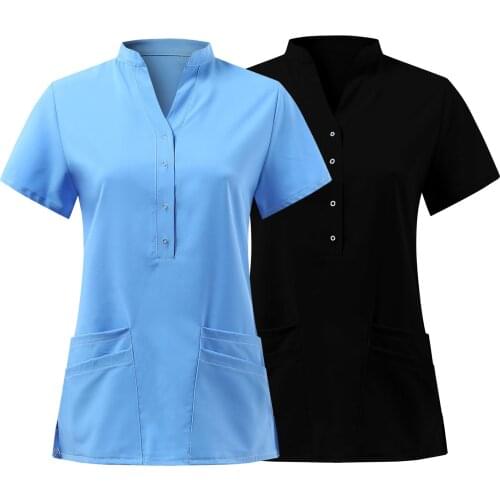 Women Nurse Uniform Short Sleeve V-Neck Button Tops Summer Plus Size Ladies T-Shirt Care Workers Tunic Clinic Clothing 2021 New
