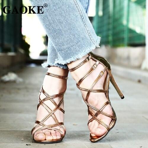 2020 Woman Sandals Summer Woman Shoes Gladiator Cross Tie Sandals Woman High Heel Shoes Black Glod Sandals Woman Party Shoes