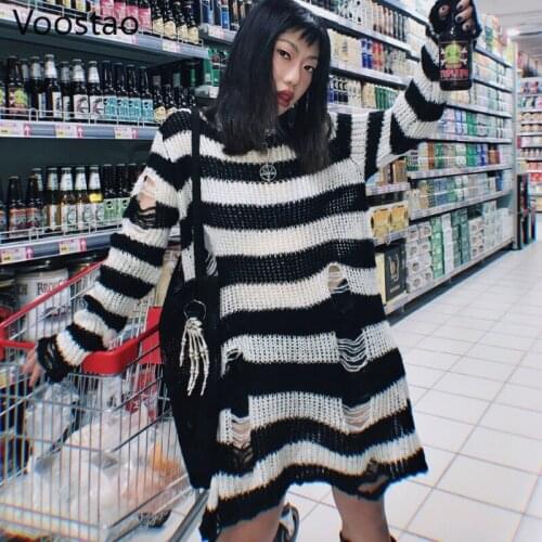 Gothic Striped Knitted Sweater Jumper Women Streetwear Punk Loose Hole Hollow Out Long Pullover Harajuku Chic Y2K Knitwear Mujer