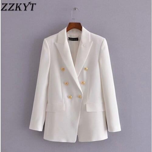 ZZKYT 2021 Women Spring Vintage Solid Double Breasted Blazers Coat Fashion Lapel Collar Long Sleeve Pockets Female Chic Tops