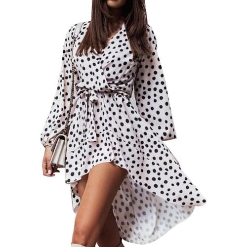 Sexy Women Chiffon Dress Dot Print Irregular Ruffle Hem Leopard Print V-Neck Belt Autumn Ladies Mini Dresses Streetwear Vestidos
