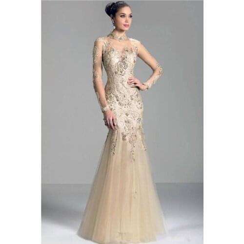Janique Formal Evening Dresses Tulle Lace High Sheer Neck Gowns Appliques Long Sleeve Prom Dress Red Carpet Gown Backless Custom