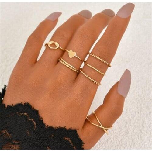 Hip Pop Punk Ring Set Metal Gold Color HeartFor Women Vintage Geometric Chunky Chain Knuckle Joint Rings Jewelry Gift For Lady