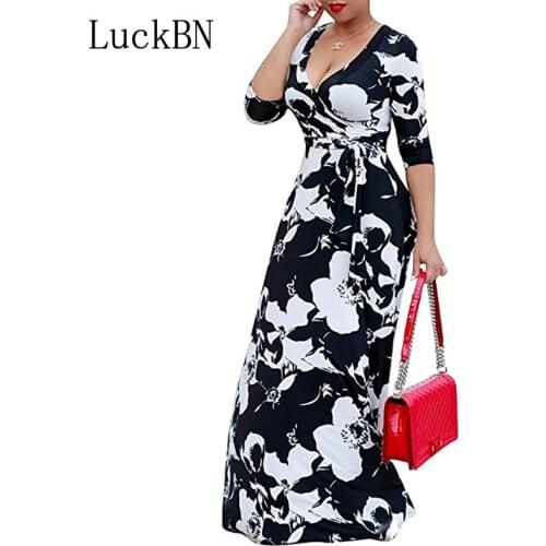 White Blue Black Womens Long Dress Boho Long Sleeve V Neck Maxi Beach Dress Fashion Party Floral Vintage Printed Dresses Tunic